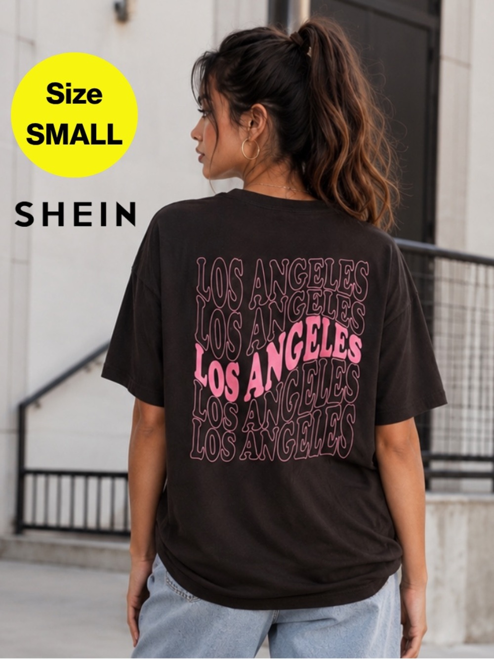 3/for $15🍒 SHEIN Brown Short Sleeve Tee, Pink 'Los Angeles' Graphic (Size Small)